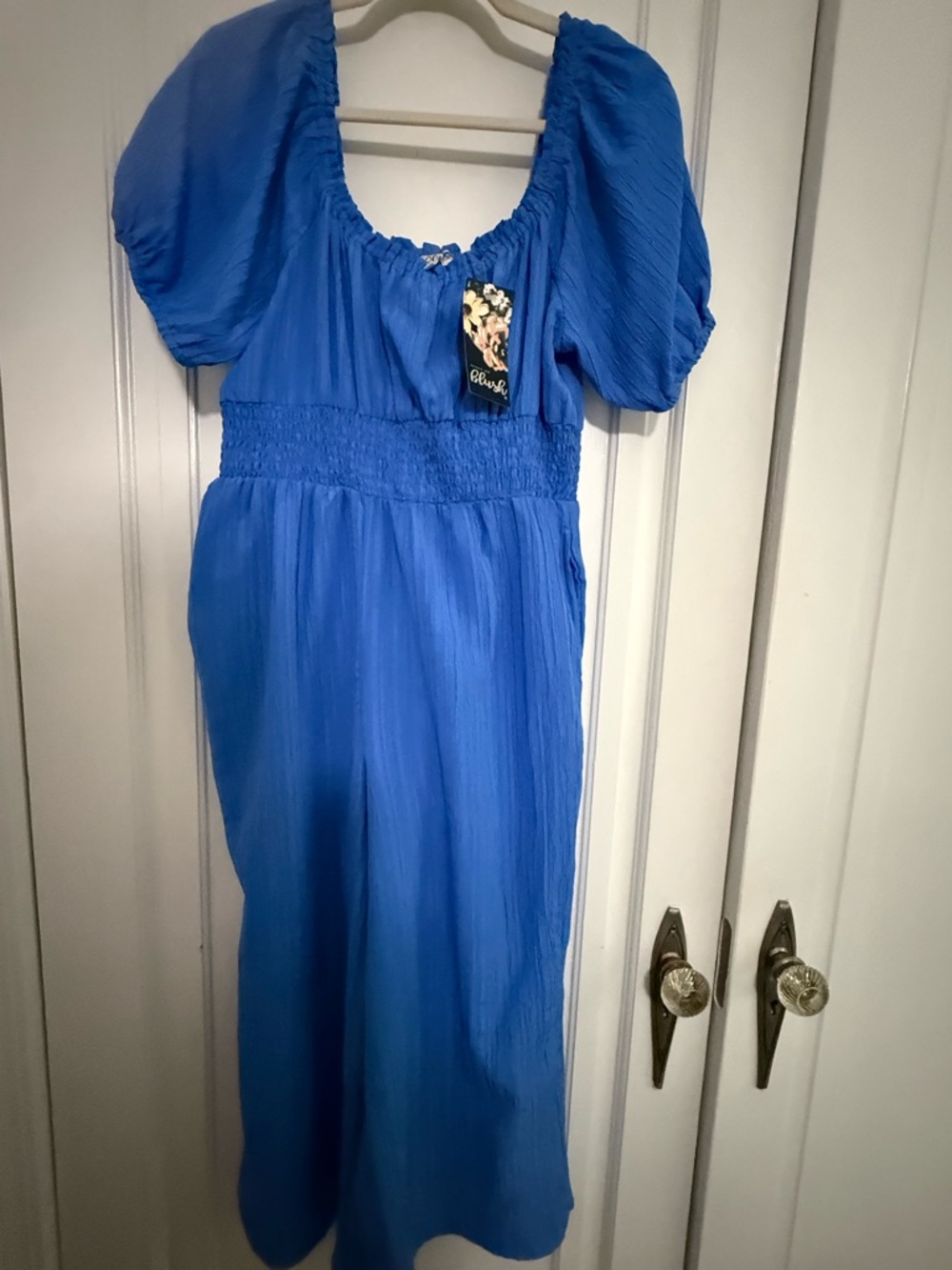 Women’s Blue Puff Sleeve Smocked Waist Romper